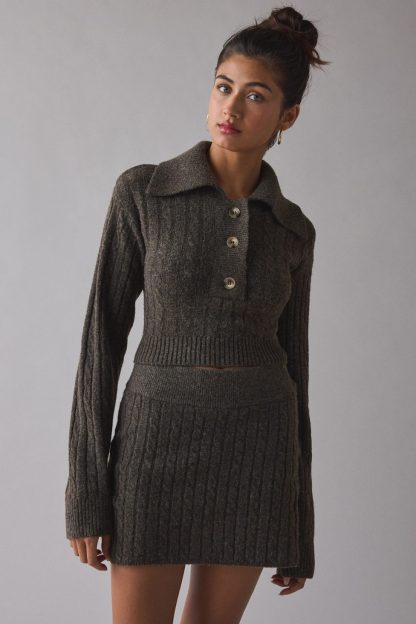 BDG Avery Cable Knit Sweater Skirt 2-Piece Set - Brown