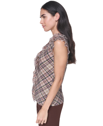 Tommy Hilfiger Women's V-Neck Plaid Ruffle Sleeveless Blouse - Whitecap Multi