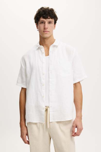 Relaxed Linen Short Sleeve Shirt, WHITE - example image 1