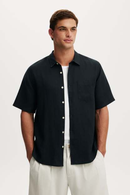 Relaxed Linen Short Sleeve Shirt, FADED BLACK - example image 1