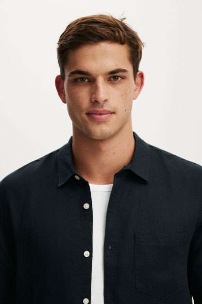 Relaxed Linen Short Sleeve Shirt, FADED BLACK - example image 4