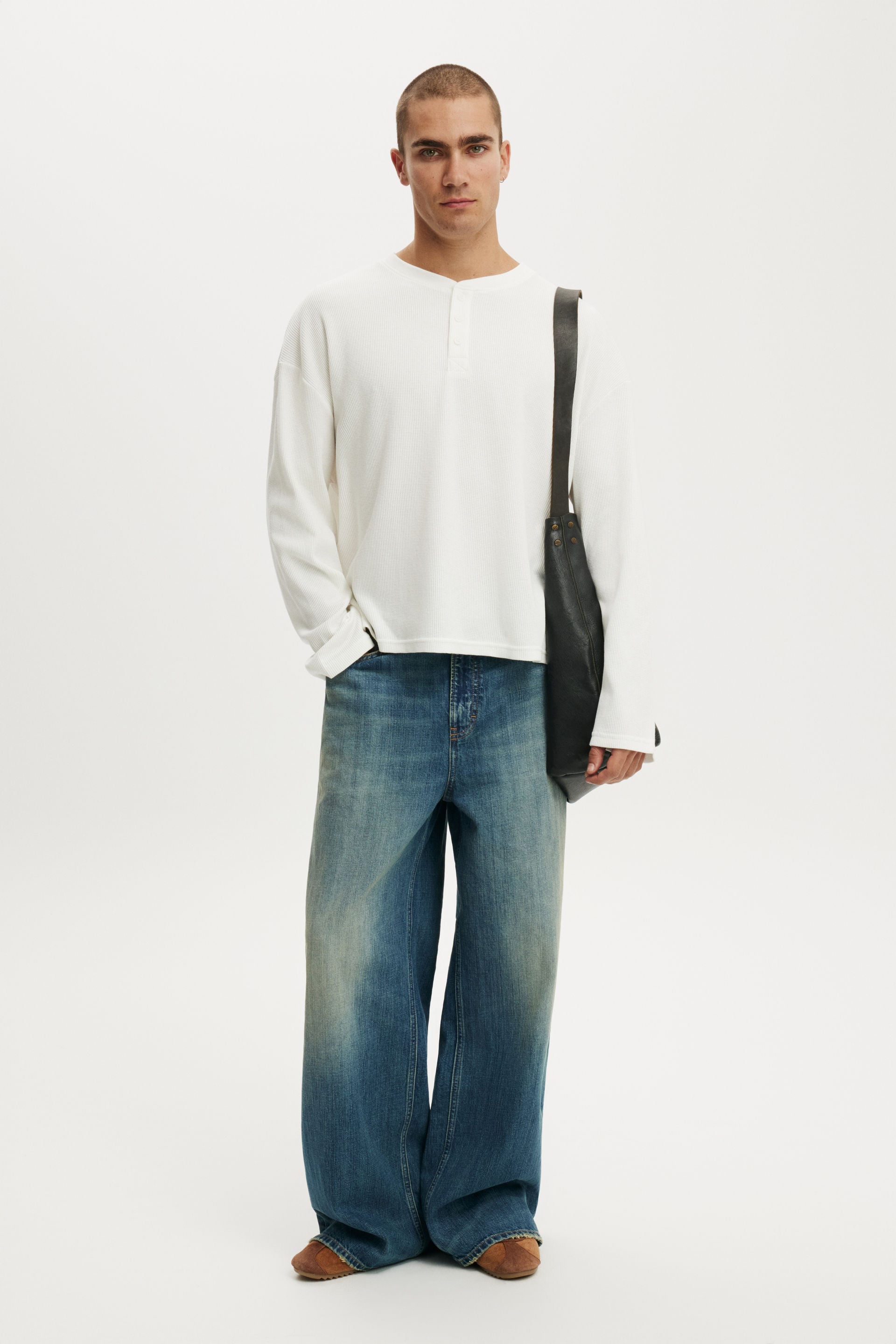 Relaxed Fit Textured Henley Long Sleeve, VINTAGE WHITE WAFFLE - example image 2