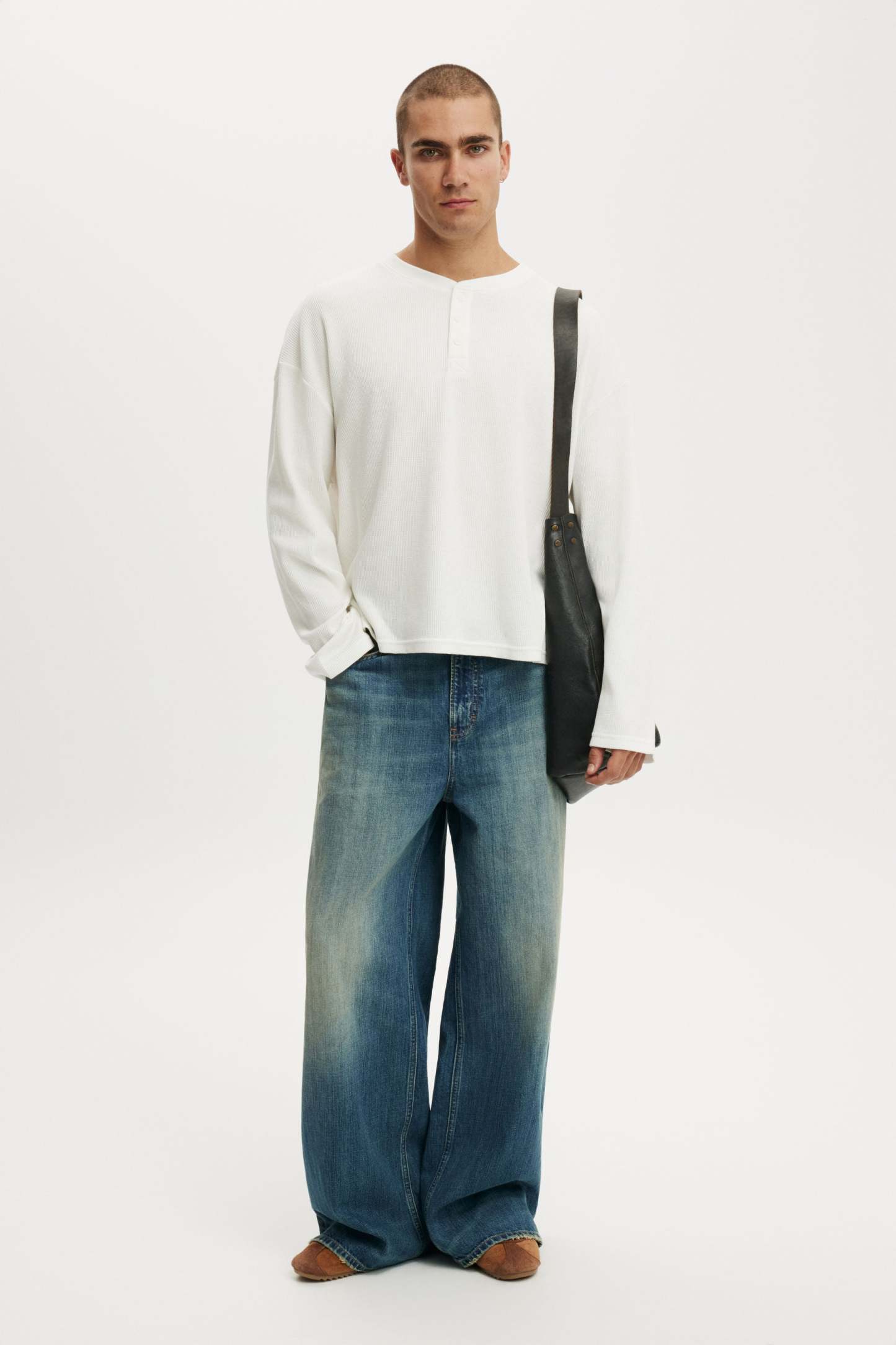 Relaxed Fit Textured Henley Long Sleeve, VINTAGE WHITE WAFFLE - example image 2
