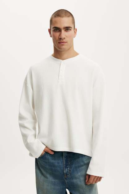 Relaxed Fit Textured Henley Long Sleeve, VINTAGE WHITE WAFFLE - example image 1
