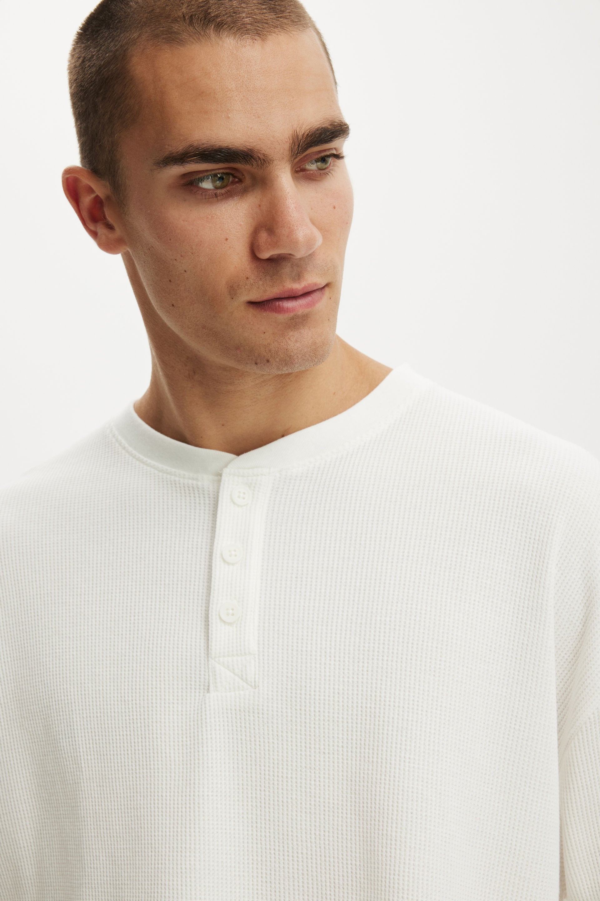 Relaxed Fit Textured Henley Long Sleeve, VINTAGE WHITE WAFFLE - example image 4