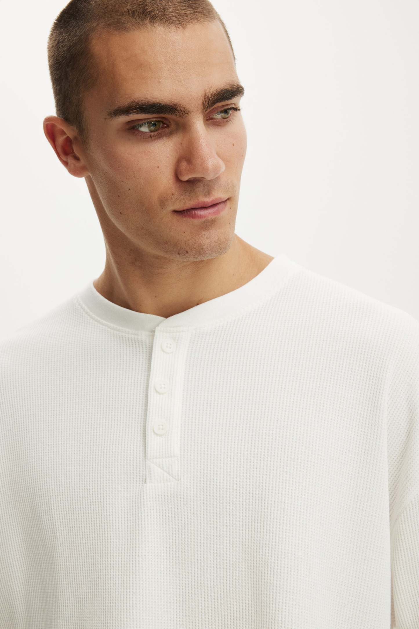 Relaxed Fit Textured Henley Long Sleeve, VINTAGE WHITE WAFFLE - example image 4