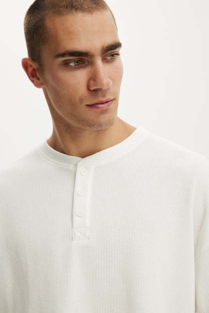 Relaxed Fit Textured Henley Long Sleeve, VINTAGE WHITE WAFFLE - example image 4