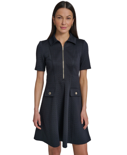 Tommy Hilfiger Women's Short-Sleeve Textured Knit Front Zipper Shift Dress - Sky Captain