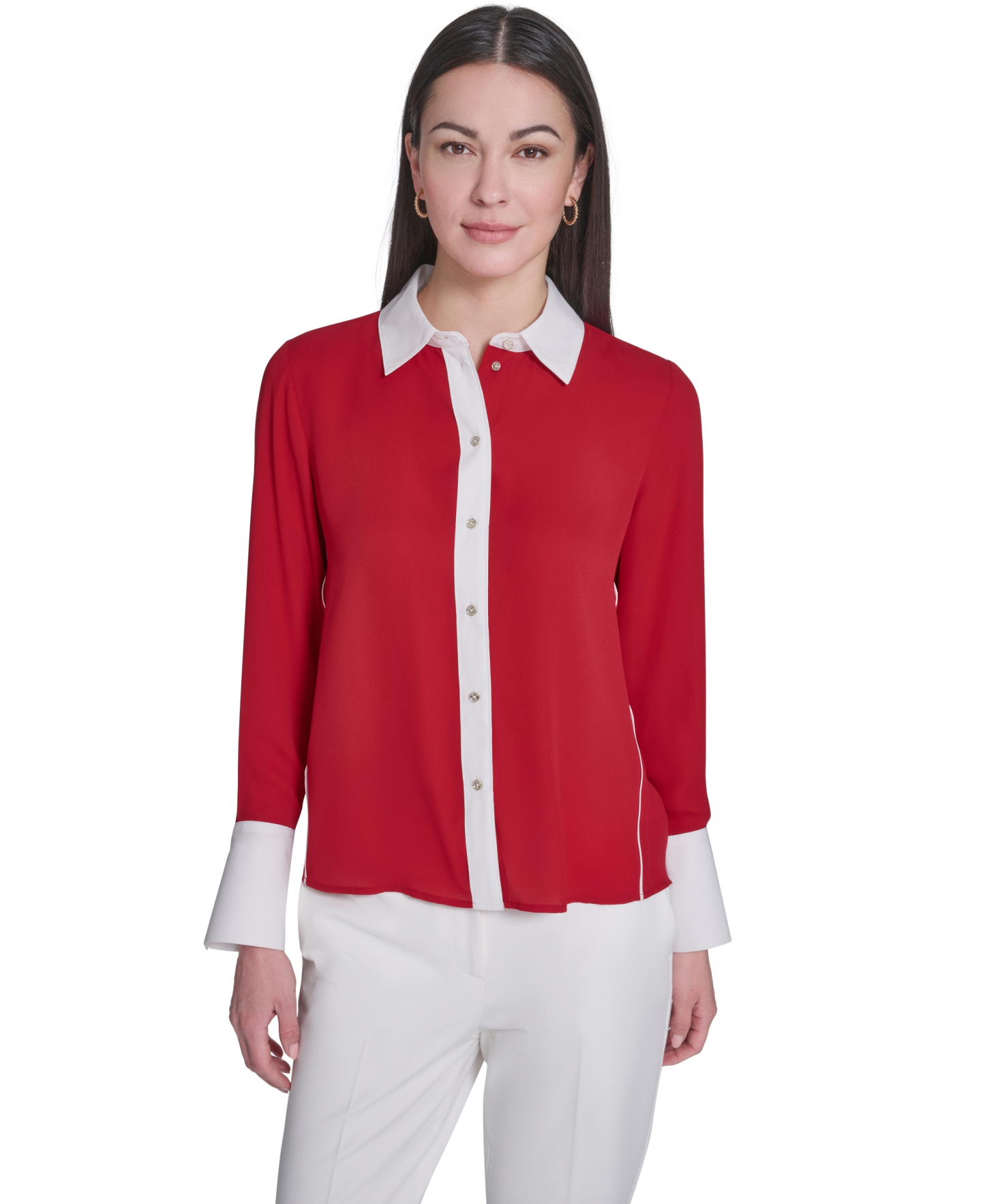 Tommy Hilfiger Women's Slim-Fit Button-Up Top - Scarlet/Ivory
