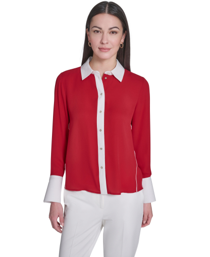 Tommy Hilfiger Women's Slim-Fit Button-Up Top - Scarlet/Ivory