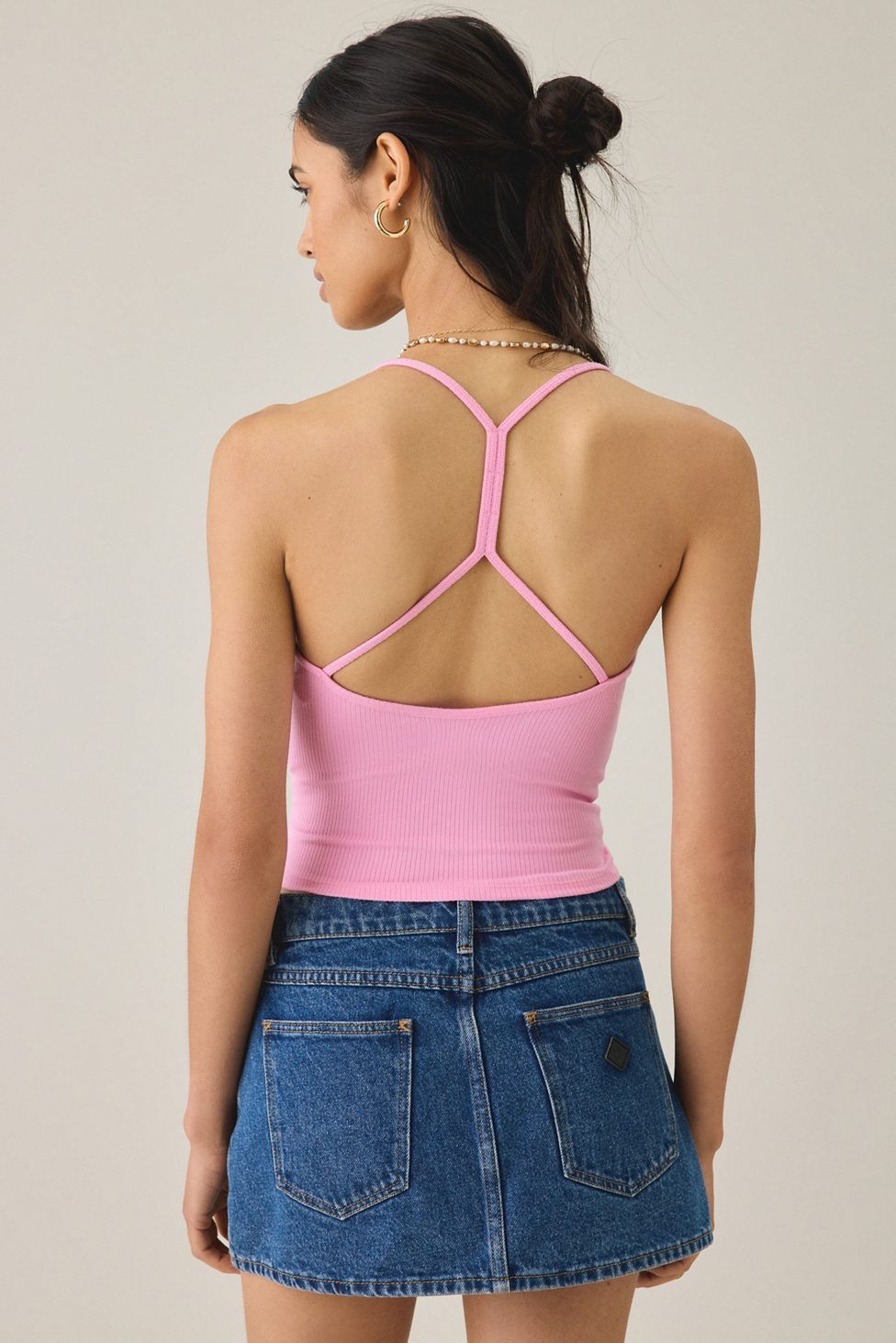 BDG Hold Me Tight Ribbed Racerback Cropped Cami - Pink