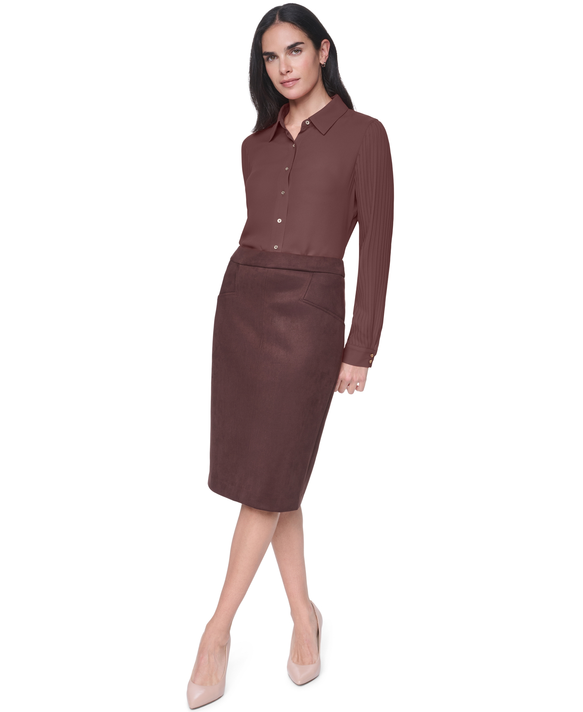 Tommy Hilfiger Women's Long-Sleeve Button-Front Pleated-Sleeve Blouse - Chicory
