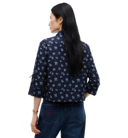 Tommy Hilfiger Women's Cropped Printed Roll-Tab Sleeve Shirt - Traditional Floral Dark Blue