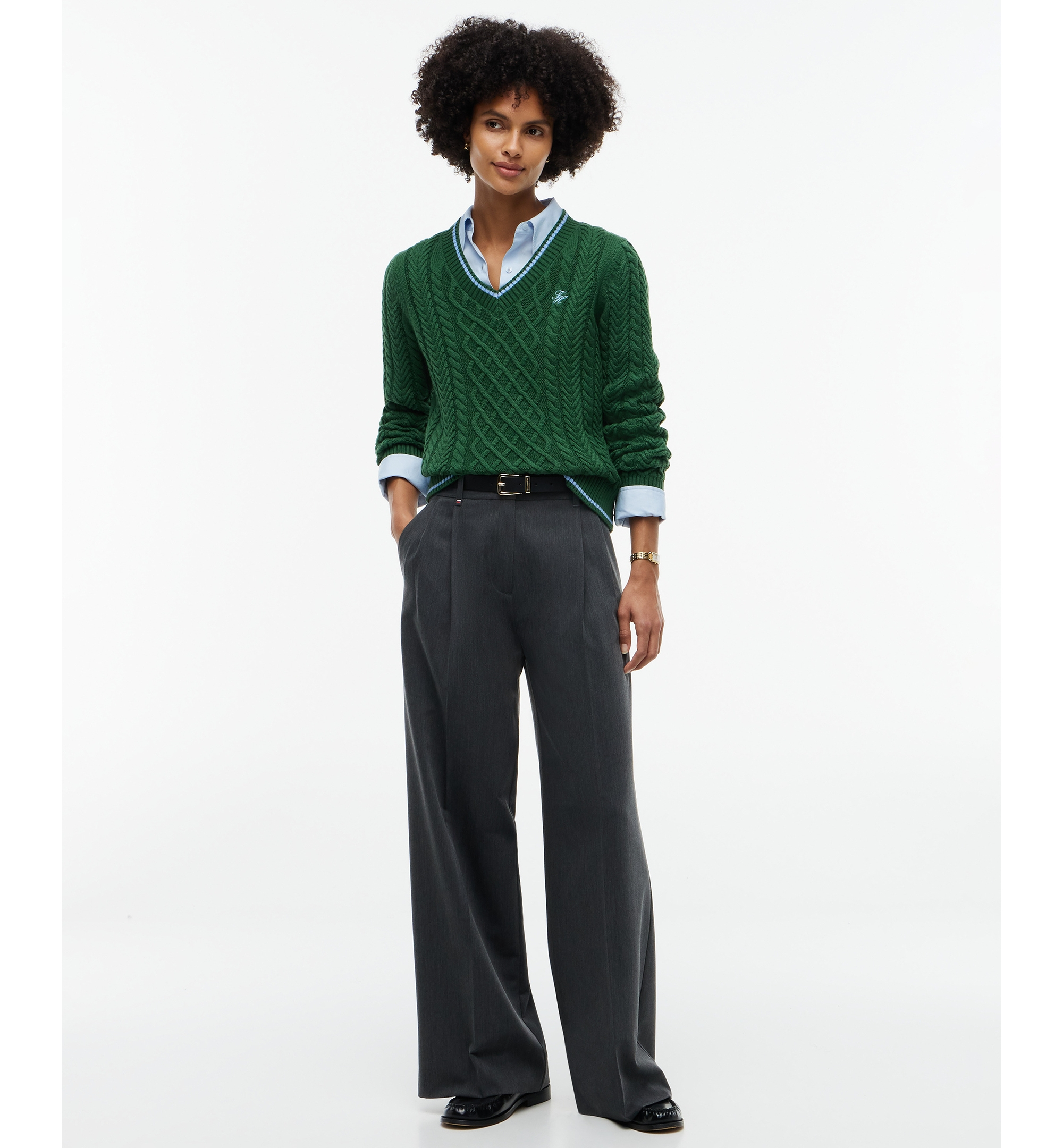 Tommy Hilfiger Women's Cable-Knit V-Neck Sweater - Deep Evergreen