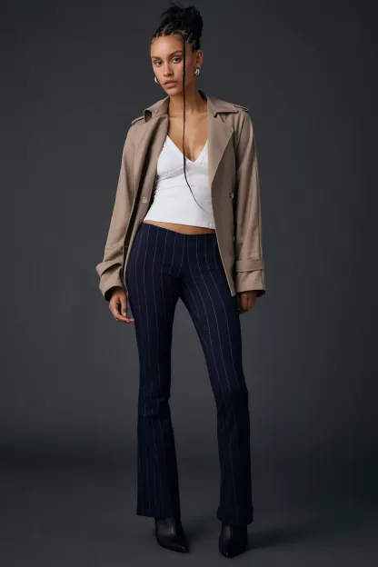 UO Hailey Pinstripe Stretch Pull-On Low-Rise Flare Pants - Navy