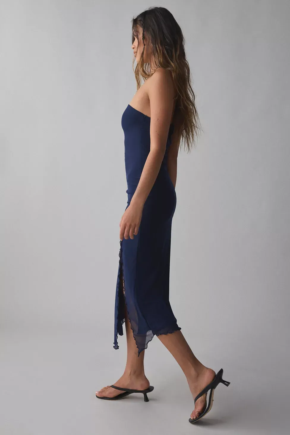 UO Samara Mesh Strapless Midi Dress - Navy