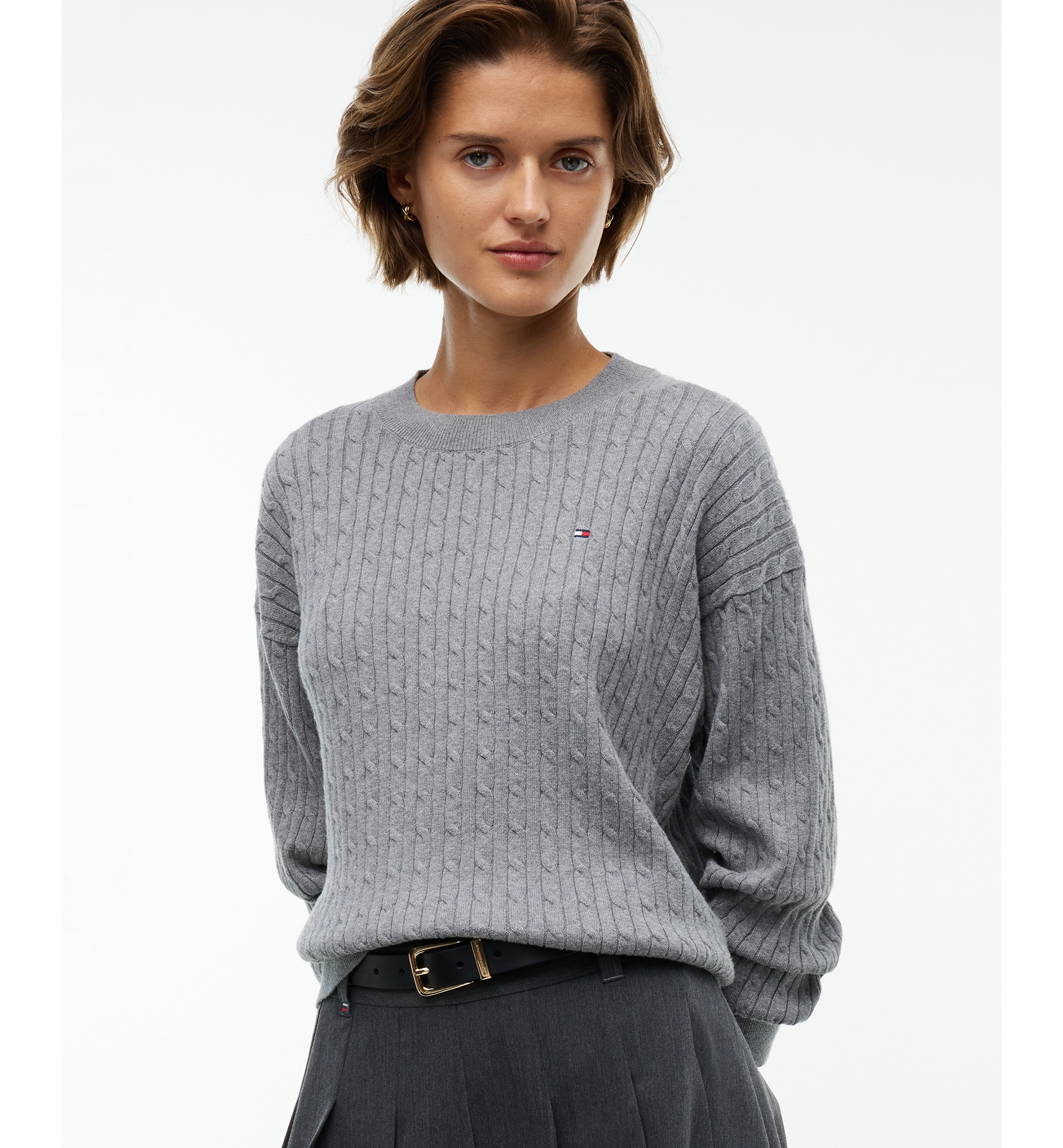 Tommy Hilfiger Women's Fine Gauge Cable-Knit Crewneck Sweater - Medium Grey Heather