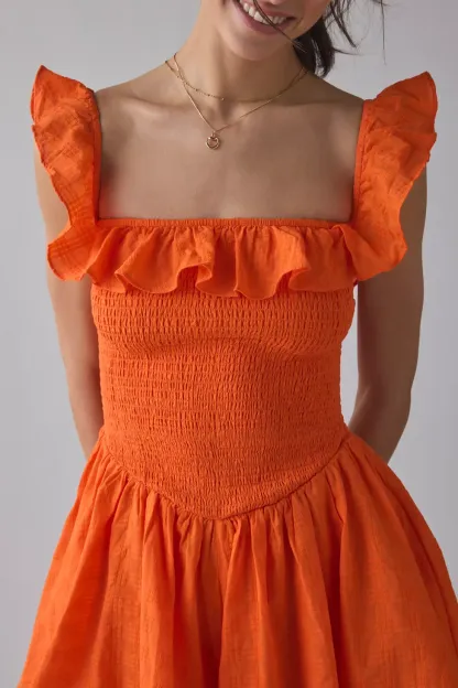 Kimchi Blue Clementine Smocked Ruffle Romper - Orange