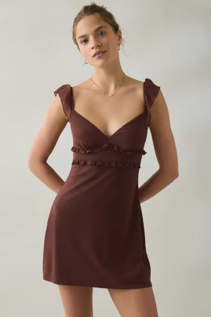 UO Nina Ruffle Trim Mesh Mini Dress - Brown