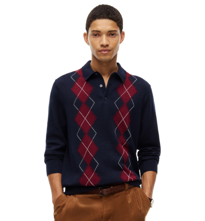 Tommy Hilfiger Men's Placed Argyle Long-Sleeve Sweater Polo - Navy Blue