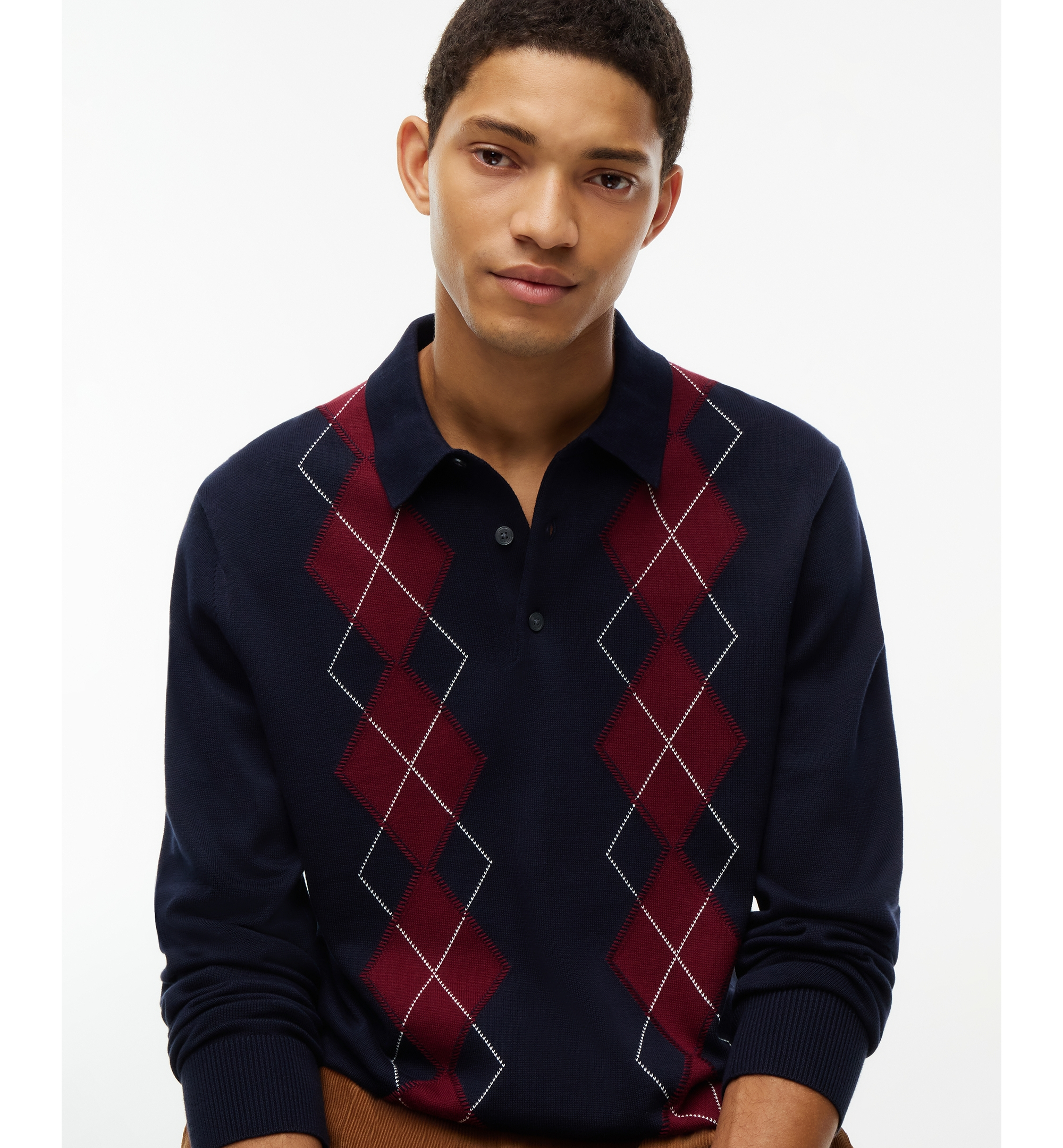 Tommy Hilfiger Men's Placed Argyle Long-Sleeve Sweater Polo - Navy Blue