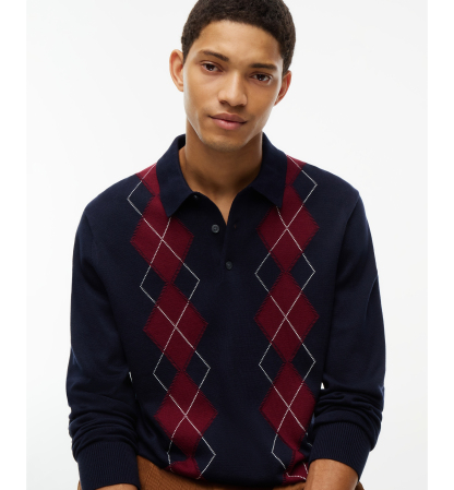 Tommy Hilfiger Men's Placed Argyle Long-Sleeve Sweater Polo - Navy Blue