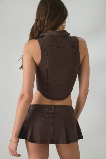 BDG Bad Influence Pleated Low-Rise Denim Mini Skort - Brown