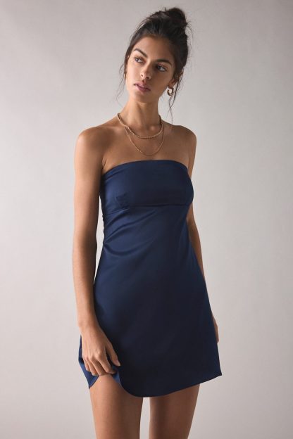 UO Mira Strapless Tie-Back Bow Satin Slip Mini Dress - Navy
