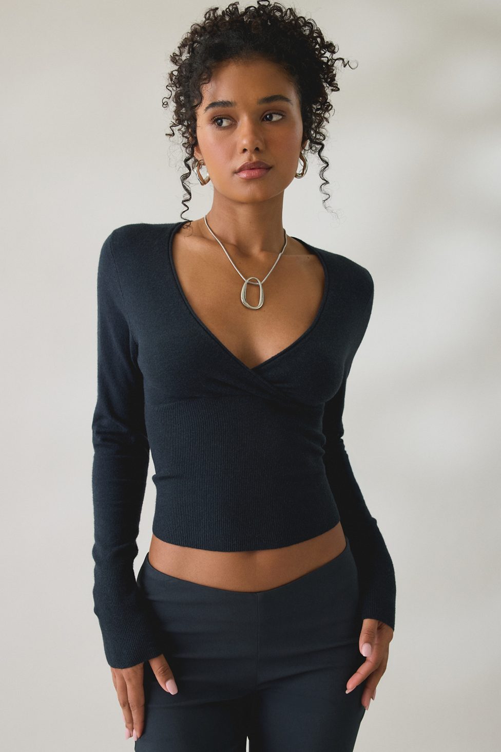 BDG Pretty Sweet Surplice V-Neck Sweater - Black