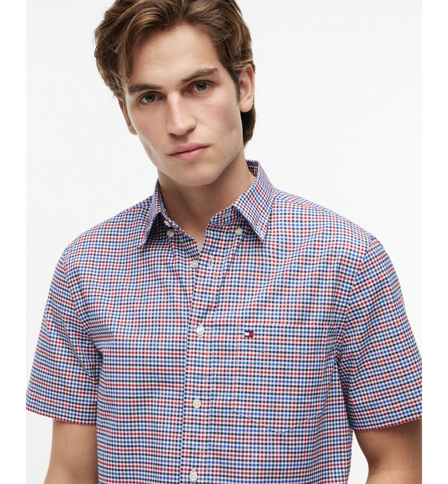 Tommy Hilfiger Men's Oxford Multi-Gingham Short-Sleeve Shirt - Medium Red / Check