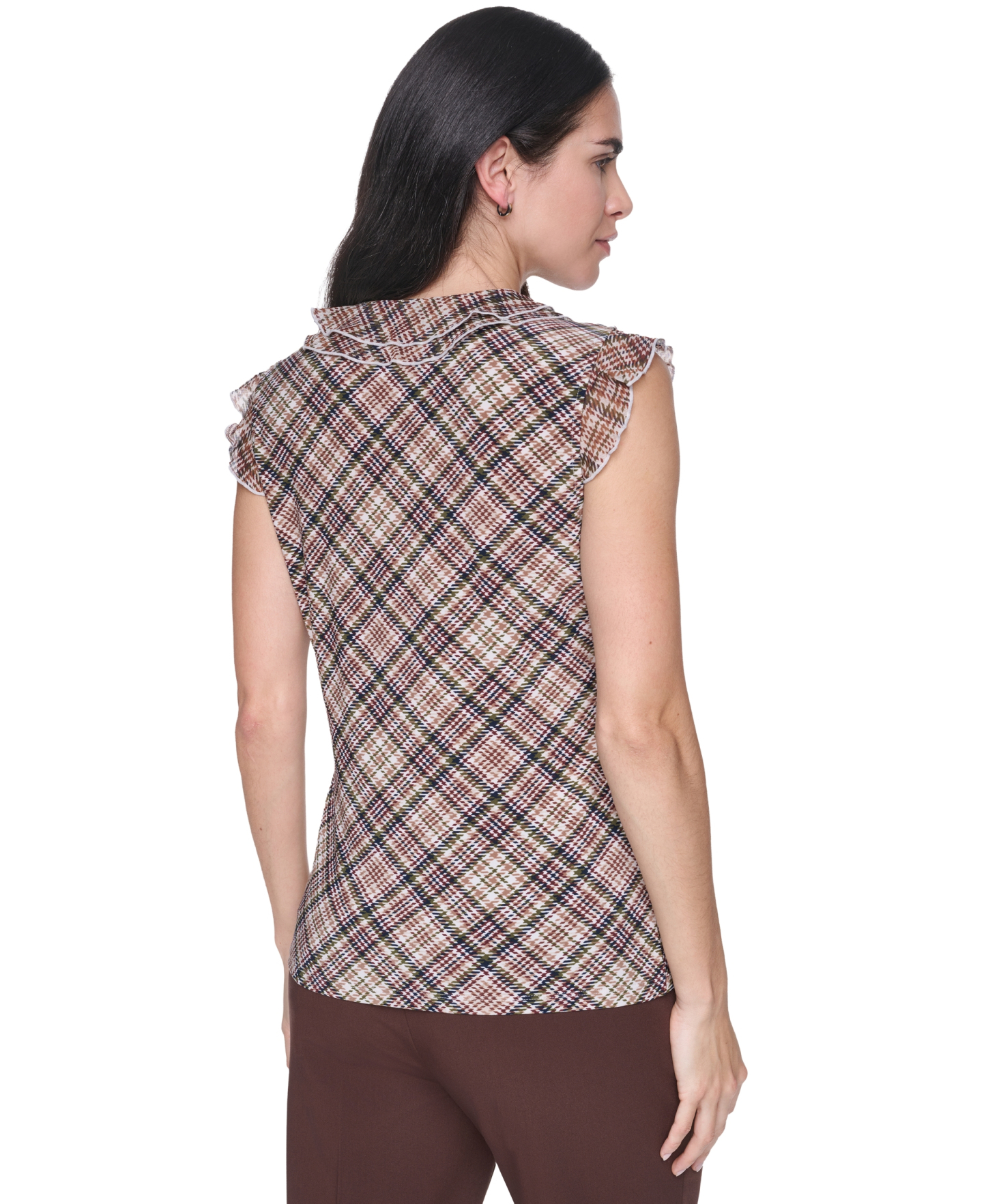 Tommy Hilfiger Women's V-Neck Plaid Ruffle Sleeveless Blouse - Whitecap Multi