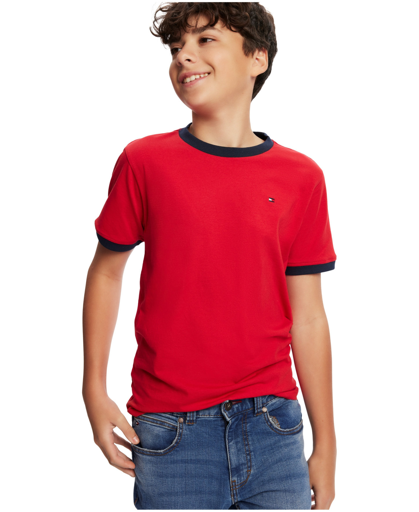 Tommy Hilfiger Boys' 2T-7 Contrast Trim Embroidered Logo Ken T-Shirt - Red