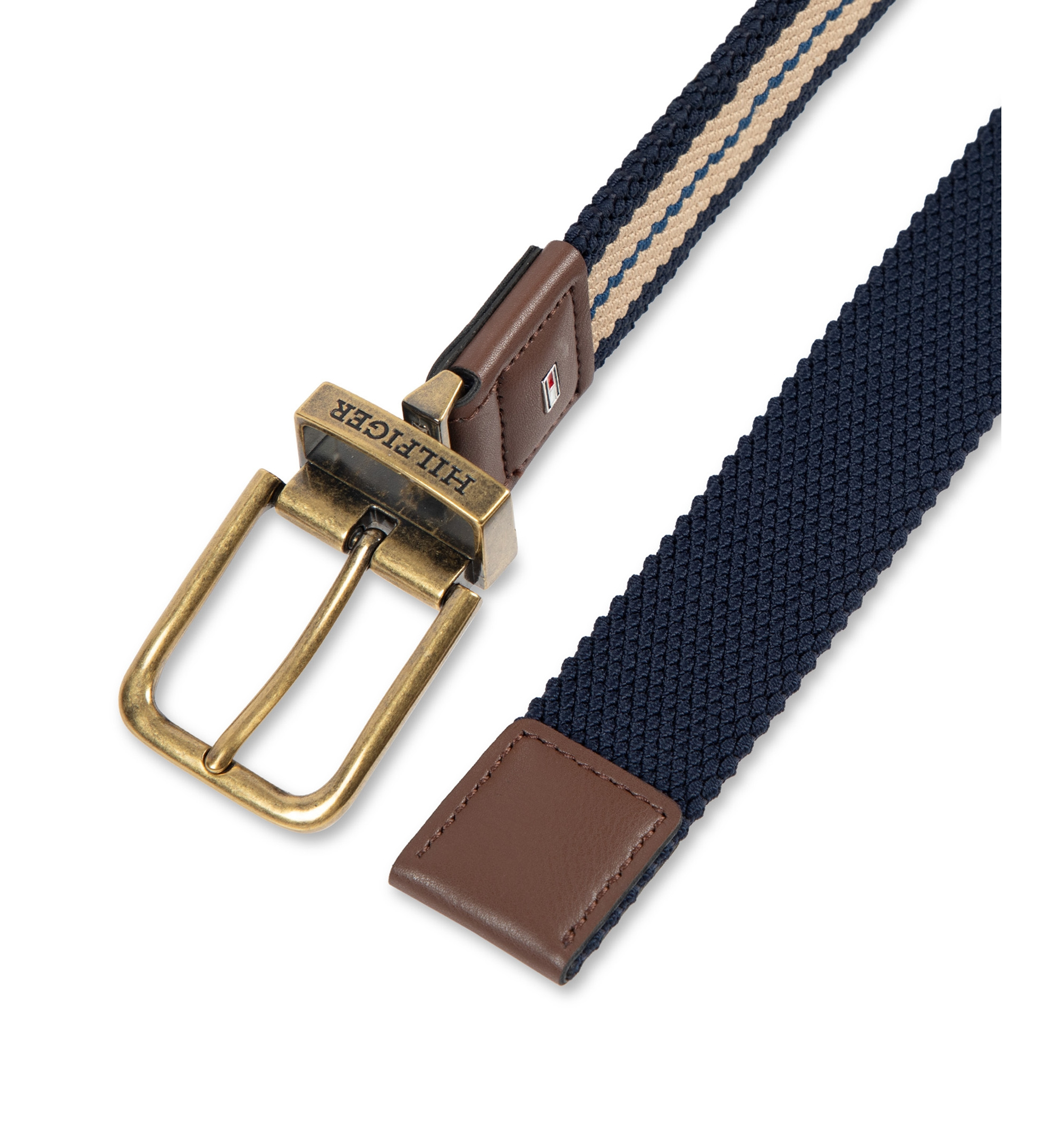 35MM Tommy Hilfiger Men's Two-In-One Reversible Striped Stretch Cord Belt - Tan/Navy
