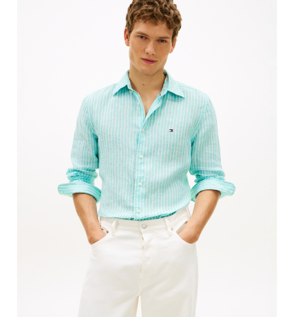 Tommy Hilfiger Men's 100% Linen Bengal Stripe Shirt - Arctic Aqua