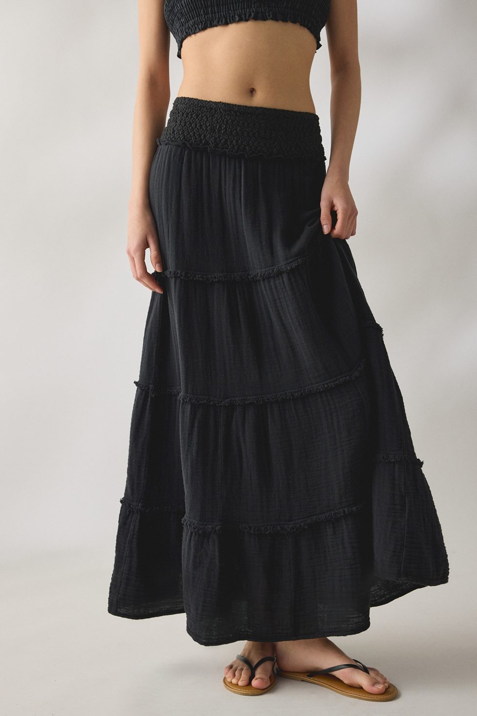 Kimchi Blue On My Mind Smocked Waist Tiered Maxi Skirt - Black