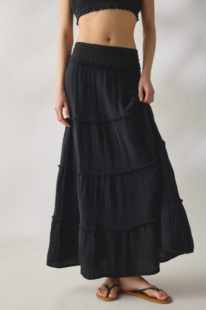 Kimchi Blue On My Mind Smocked Waist Tiered Maxi Skirt - Black