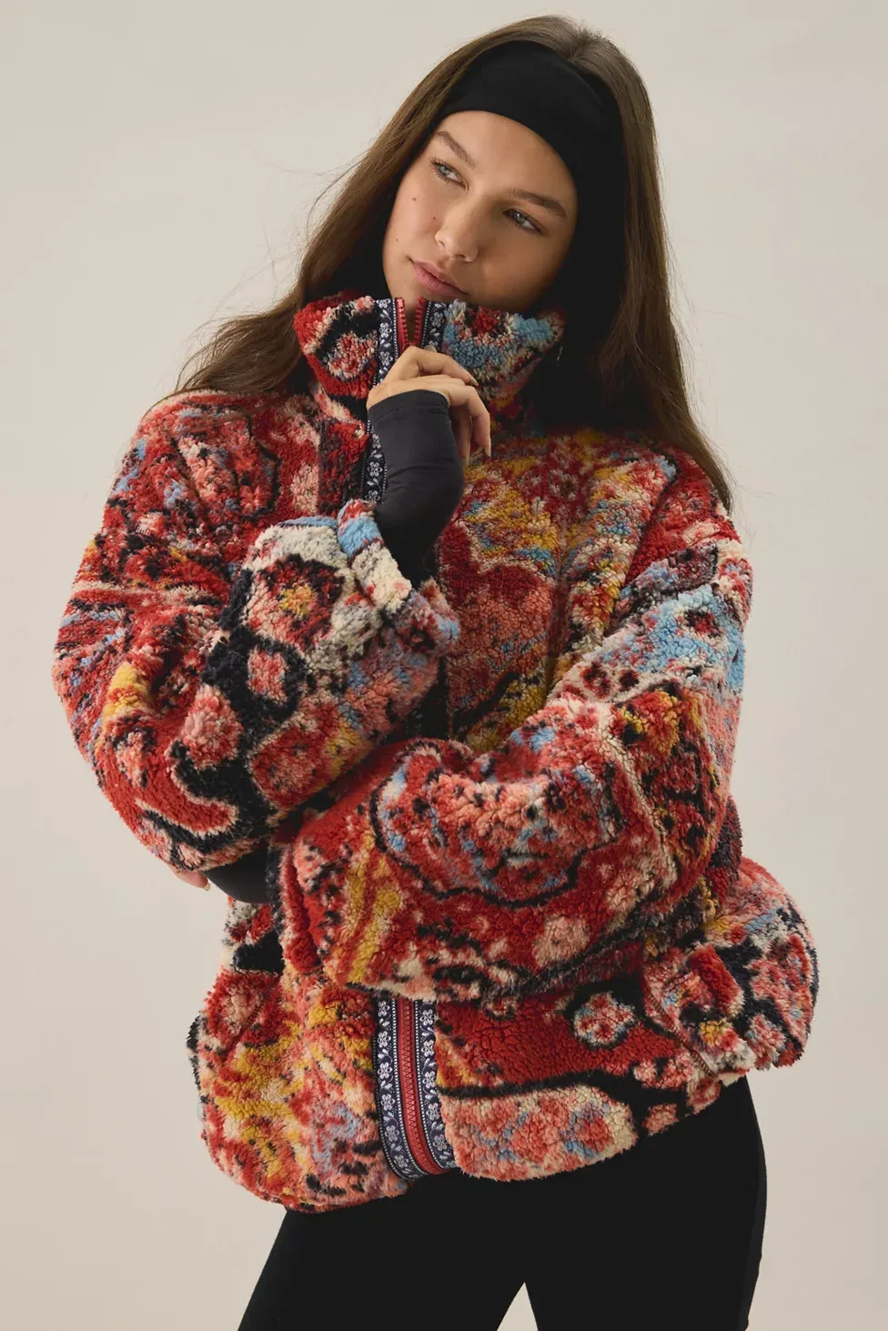 BDG Mae Printed Piled Fleece Zip-Up Jacket - Red Multi