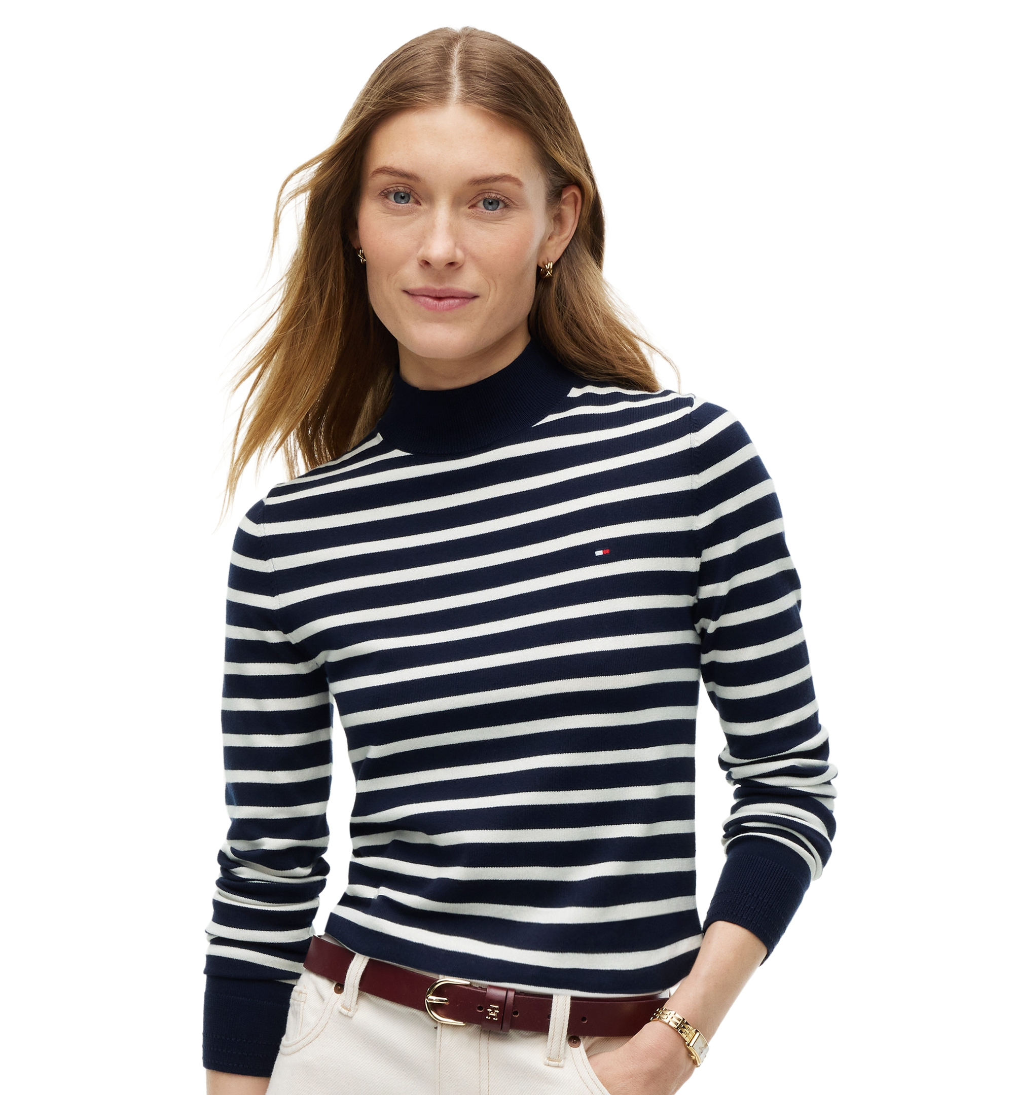 Tommy Hilfiger Women's Mock Neck Long-Sleeve Slim-Fit Sweater - Stripe Dark Blue / Ecru