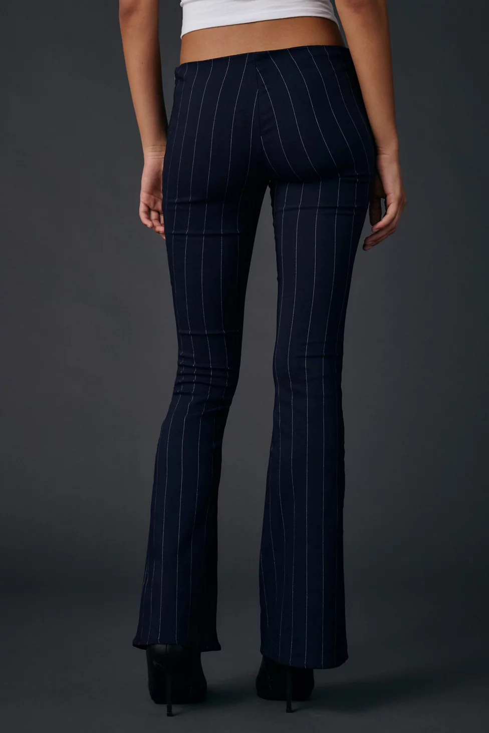 UO Hailey Pinstripe Stretch Pull-On Low-Rise Flare Pants - Navy