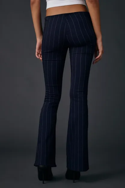 UO Hailey Pinstripe Stretch Pull-On Low-Rise Flare Pants - Navy