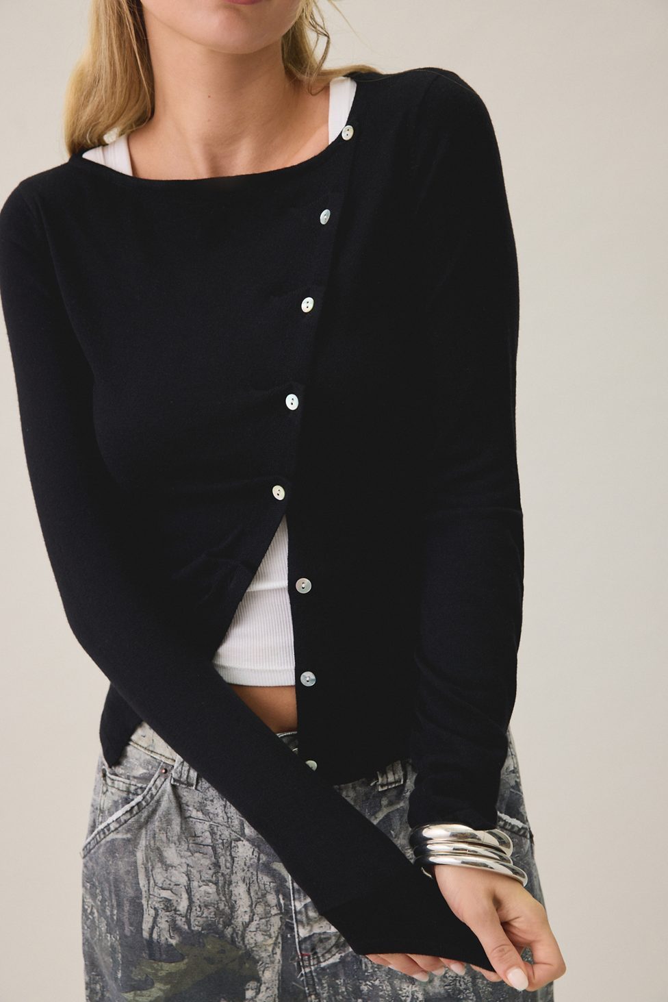 BDG Sutton Slanted Asymmetric Button Cardigan - Black