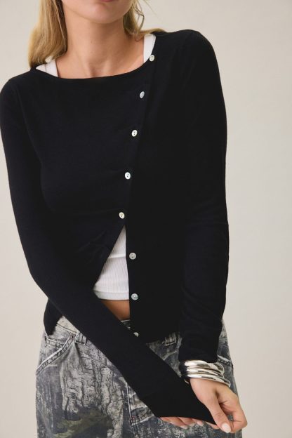 BDG Sutton Slanted Asymmetric Button Cardigan - Black