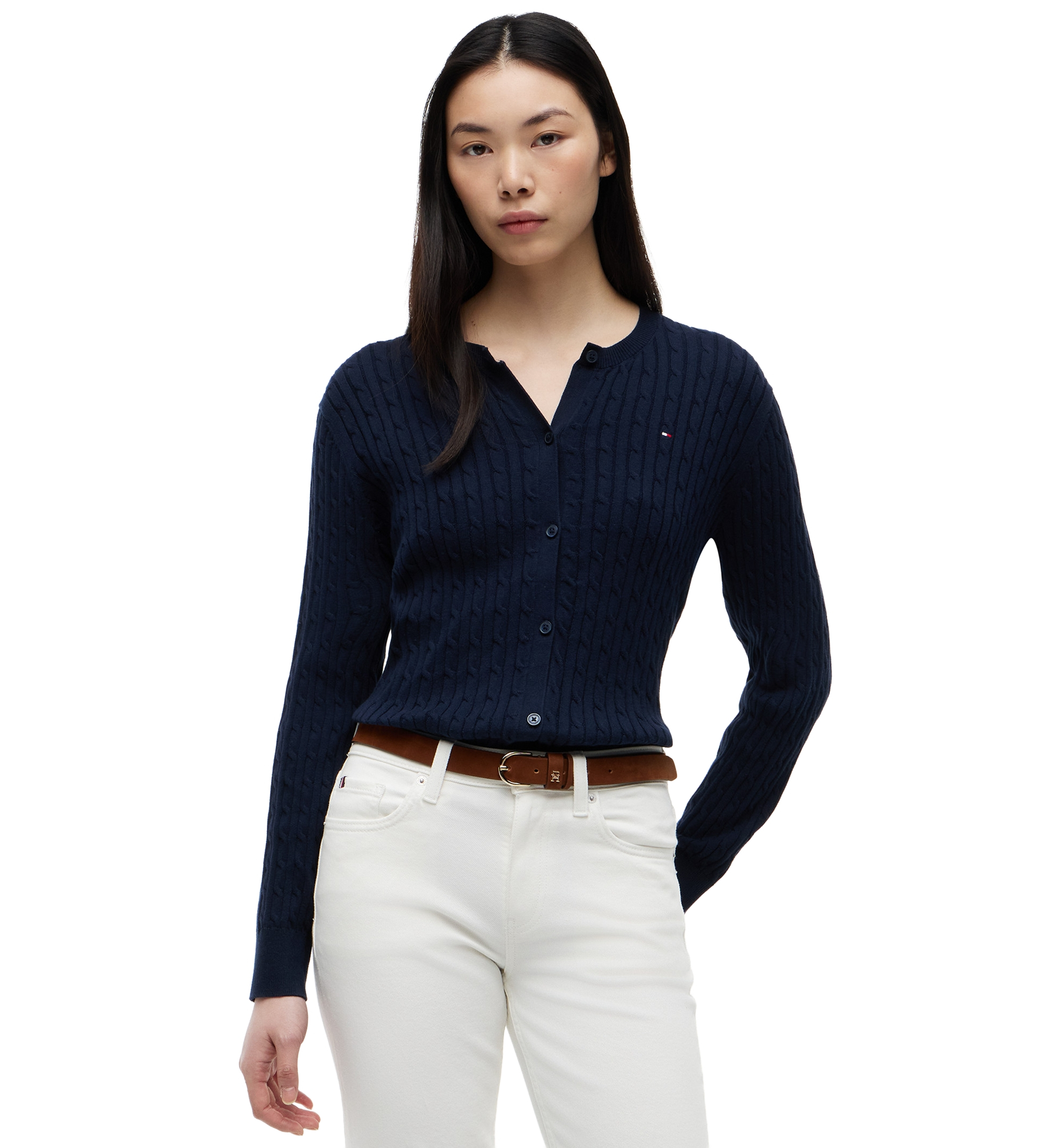 Tommy Hilfiger Women's Cable Knit Crew Neck Cardigan Sweater - Dark Night Navy