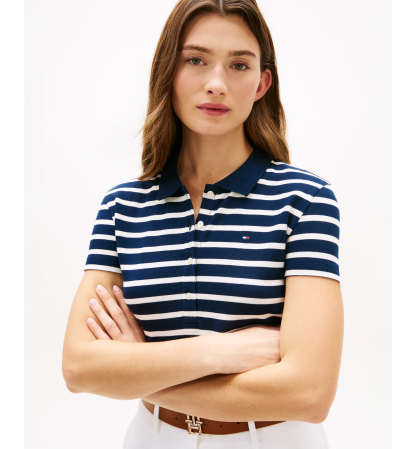 Tommy Hilfiger Women's Classic Pique Short-Sleeve Polo T-Shirt - Dark Night Navy/Ecru Stripe
