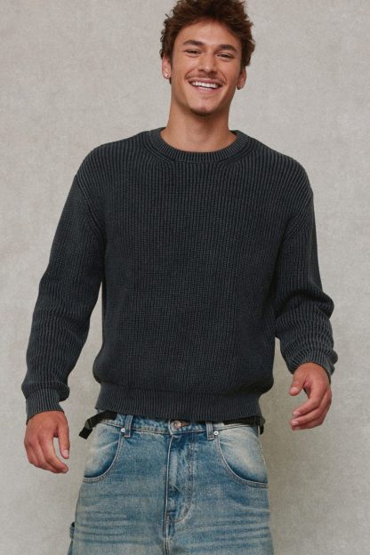 UO Acid Wash Crew Neck Sweater - Black
