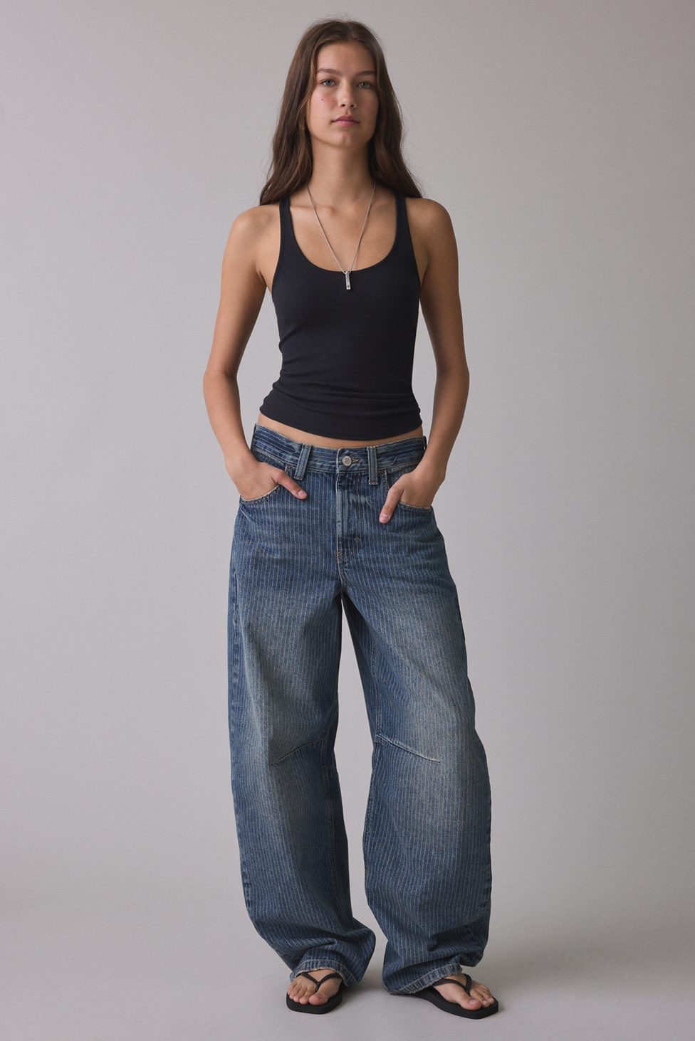 BDG Logan Printed Buckle Baggy Barrel Jeans - Denim Pinstripe
