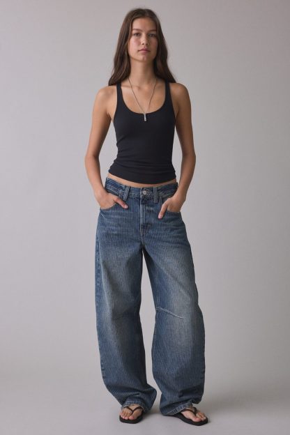 BDG Logan Printed Buckle Baggy Barrel Jeans - Denim Pinstripe