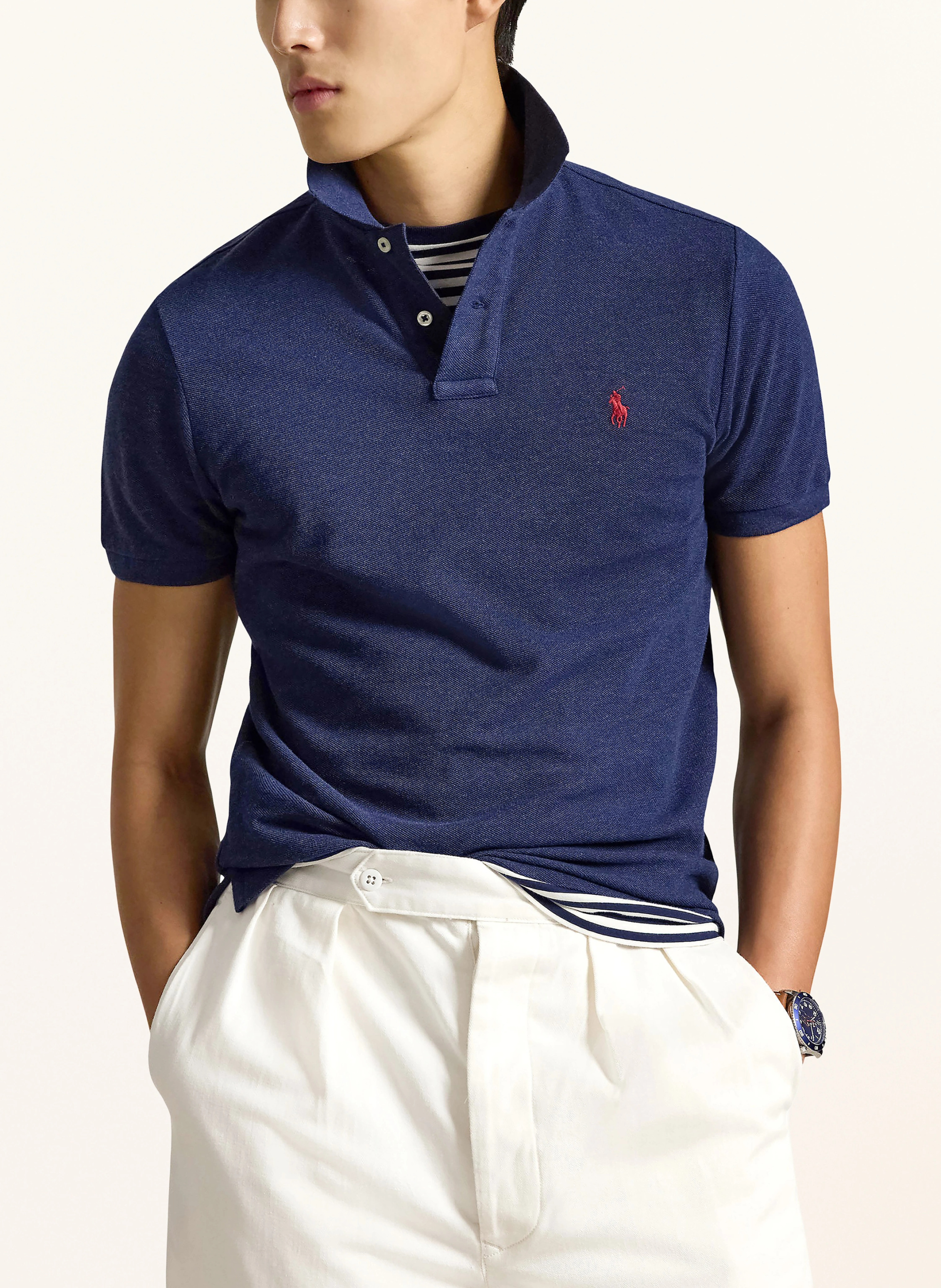 POLO RALPH LAUREN Piqué-Poloshirt Custom Slim Fit – DUNKELBLAU / DUNKELROT