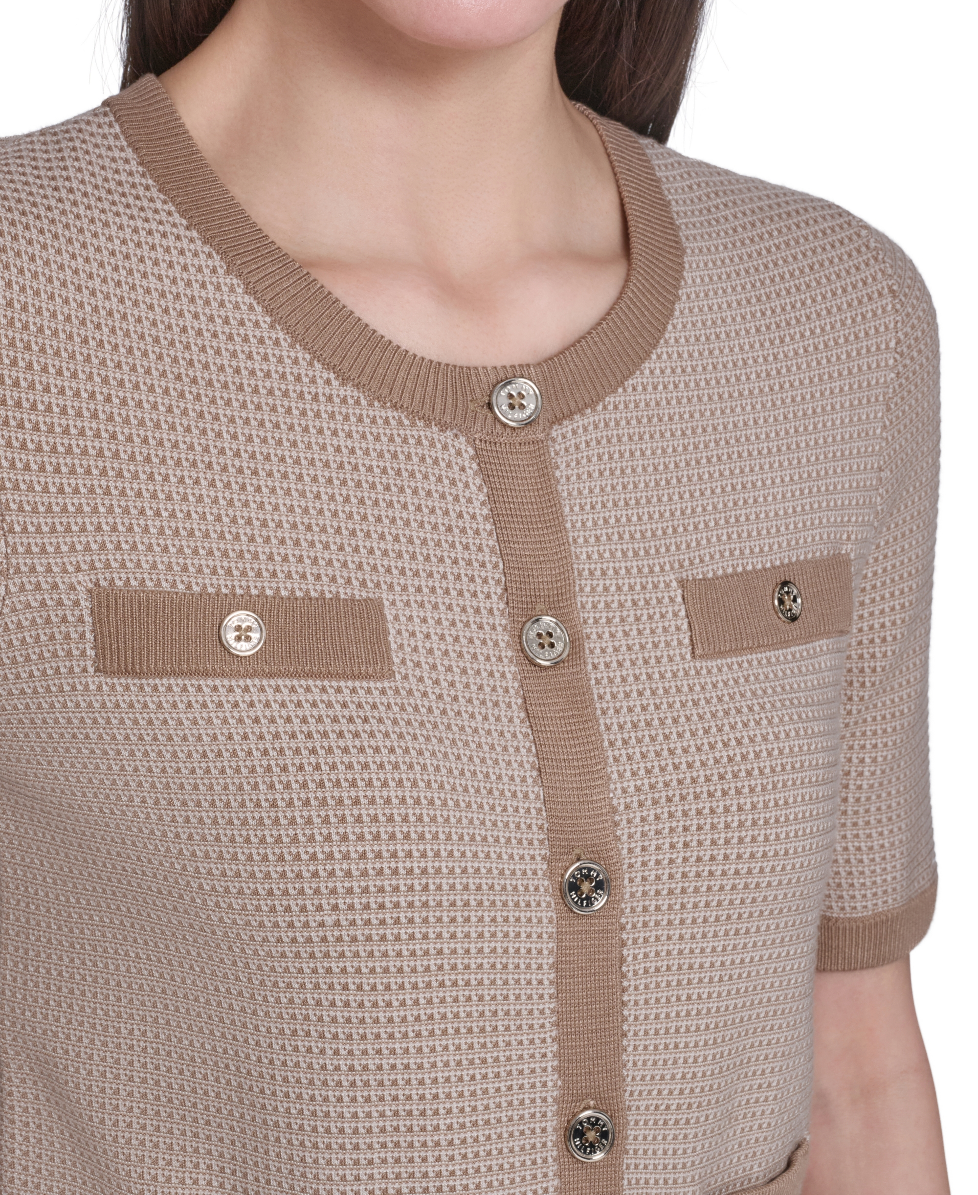 Tommy Hilfiger Women's Short-Sleeve Crewneck Sweater - Tannin/Whitecap