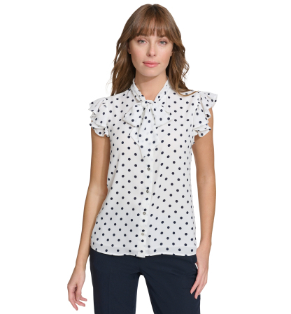 Tommy Hilfiger Women's Ruffle-Sleeve Bow Blouse - Ivory/Midnight